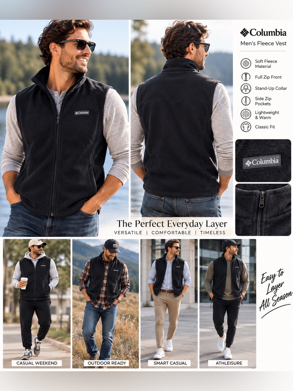 Columbia Men's Black Fleece Vest - Classic Zip Front Layer